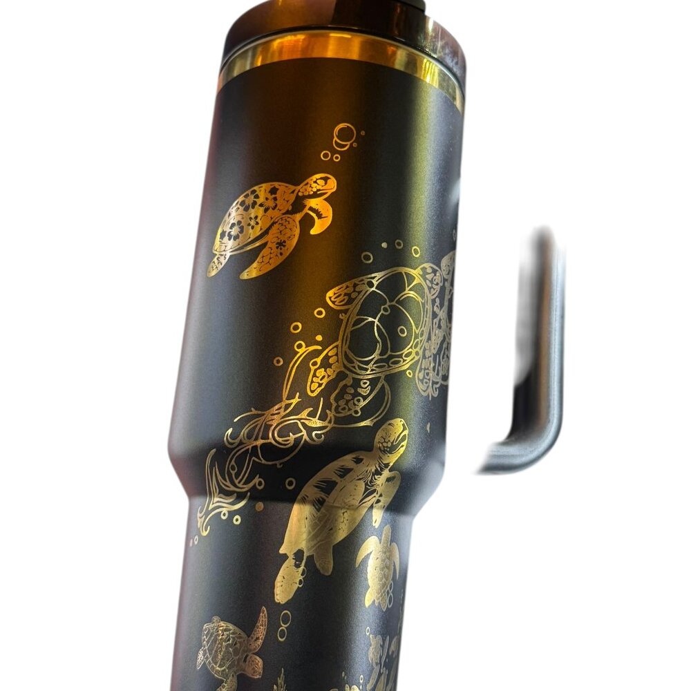 Stainless Steel Tumbler with Handle, Black with Gold Sea Turtle Design, Insulate